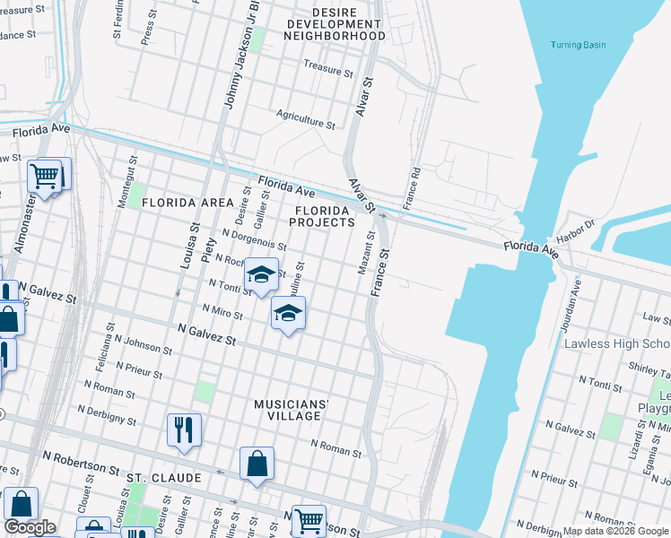 map of restaurants, bars, coffee shops, grocery stores, and more near 2500 Bartholomew Street in New Orleans