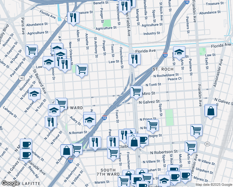 map of restaurants, bars, coffee shops, grocery stores, and more near 2239 Touro Street in New Orleans
