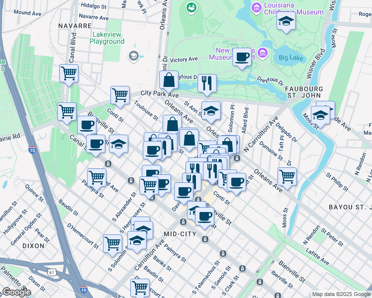 map of restaurants, bars, coffee shops, grocery stores, and more near 528 North Alexander Street in New Orleans
