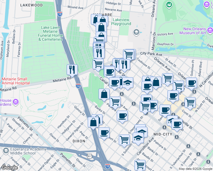 map of restaurants, bars, coffee shops, grocery stores, and more near 4937 Canal Street in New Orleans