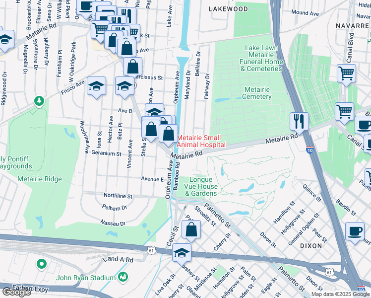 map of restaurants, bars, coffee shops, grocery stores, and more near 12 Maryland Drive in New Orleans