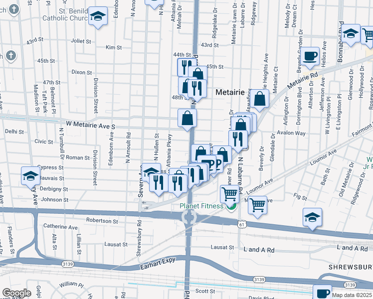 map of restaurants, bars, coffee shops, grocery stores, and more near in Metairie