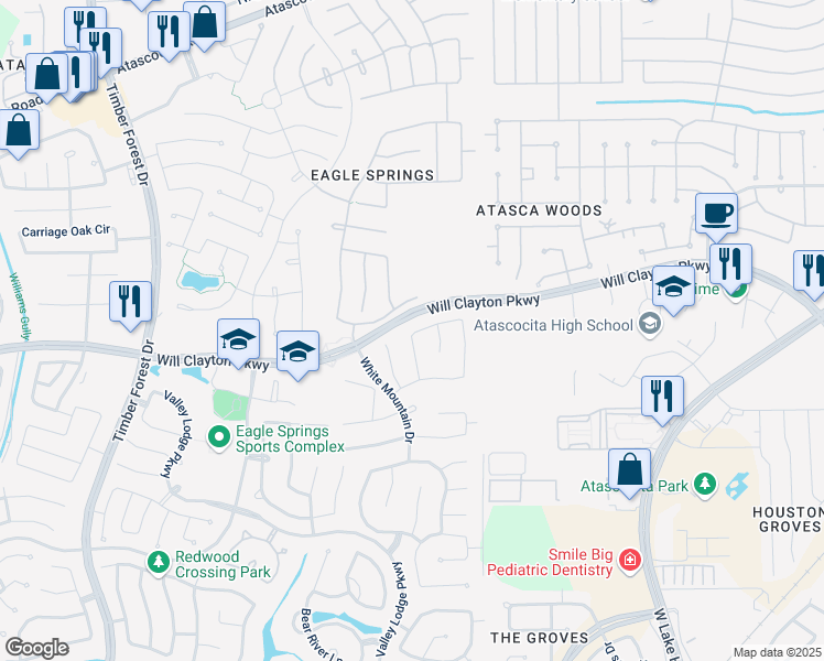 map of restaurants, bars, coffee shops, grocery stores, and more near 12801 Ribbon Meadow Court in Atascocita