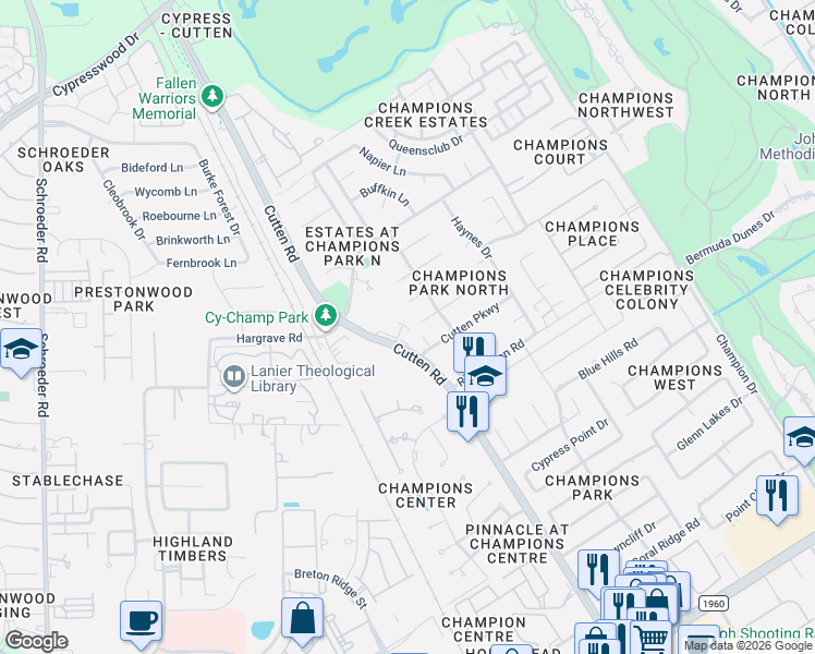 map of restaurants, bars, coffee shops, grocery stores, and more near 7019 Amber Court in Houston