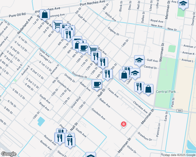 map of restaurants, bars, coffee shops, grocery stores, and more near 2237 13th Street in Port Neches