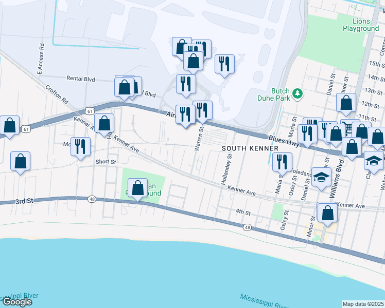 map of restaurants, bars, coffee shops, grocery stores, and more near 930 Kenner Avenue in Kenner