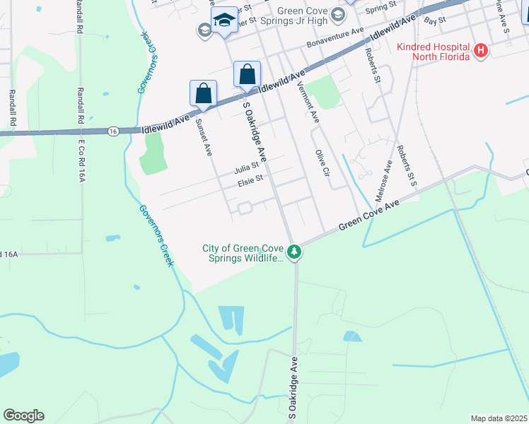 map of restaurants, bars, coffee shops, grocery stores, and more near 611 South Oakridge Avenue in Green Cove Springs