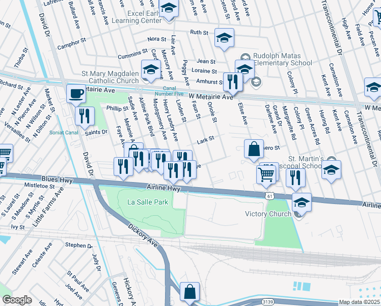 map of restaurants, bars, coffee shops, grocery stores, and more near 517 Linden Street in Metairie