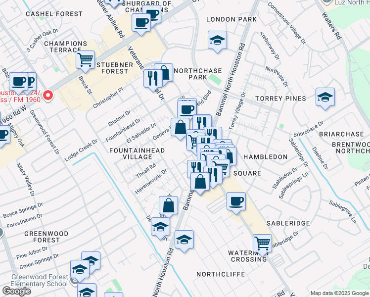 map of restaurants, bars, coffee shops, grocery stores, and more near 13315 Veterans Memorial Drive in Houston
