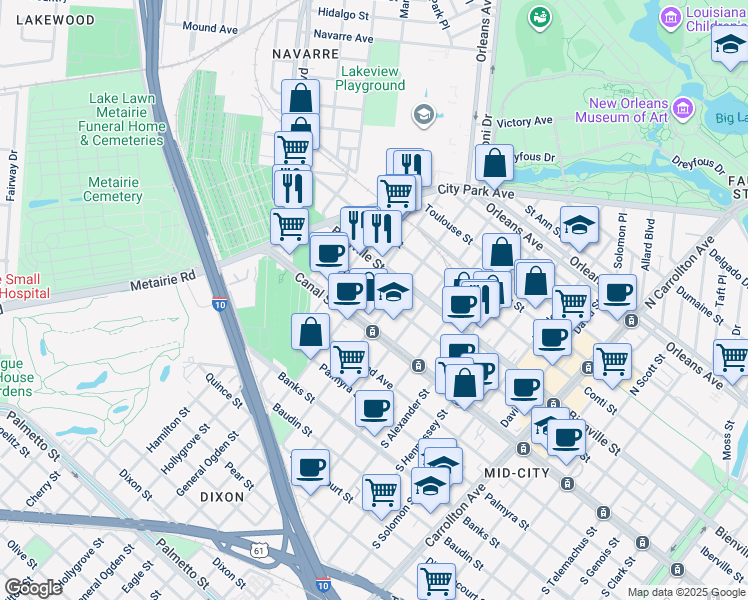 map of restaurants, bars, coffee shops, grocery stores, and more near 218 North Bernadotte Street in New Orleans