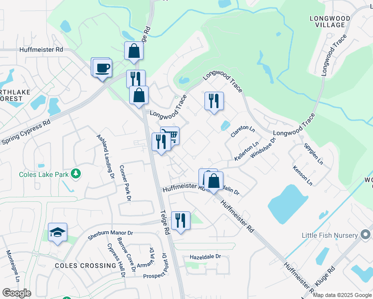 map of restaurants, bars, coffee shops, grocery stores, and more near 13914 Oakdale Glen Trace in Cypress
