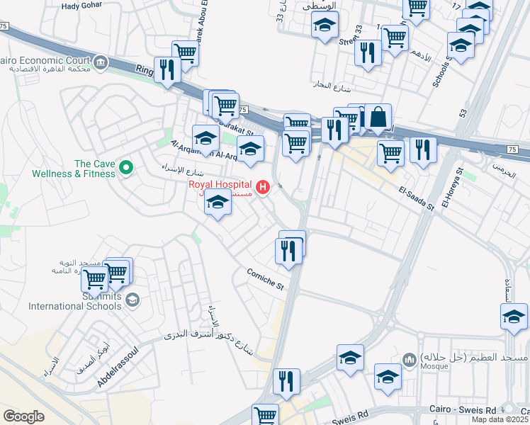 map of restaurants, bars, coffee shops, grocery stores, and more near in Maadi
