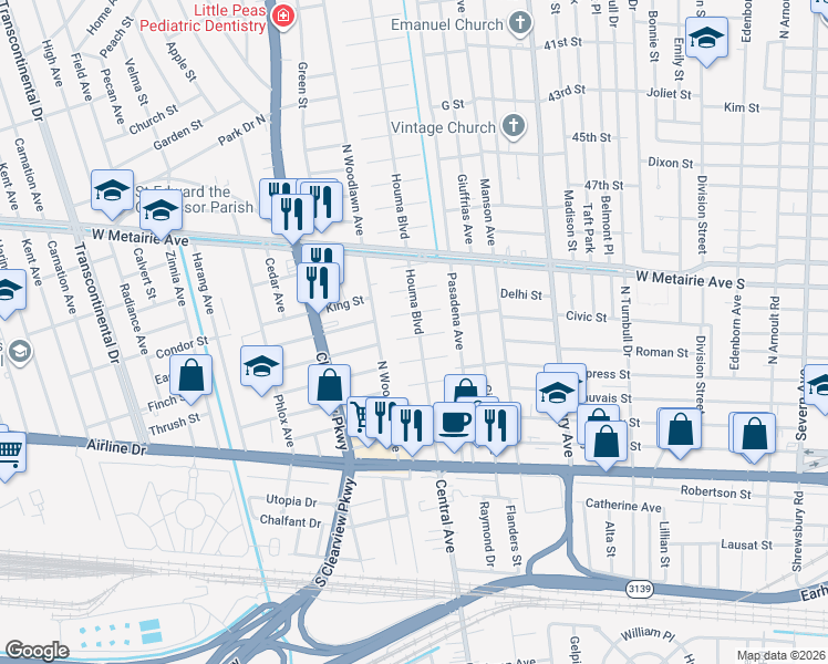 map of restaurants, bars, coffee shops, grocery stores, and more near 70 Houma Boulevard in Metairie
