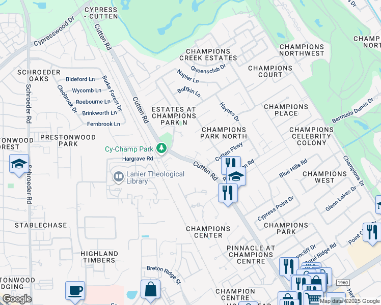 map of restaurants, bars, coffee shops, grocery stores, and more near 14050 Cutten Road in Houston