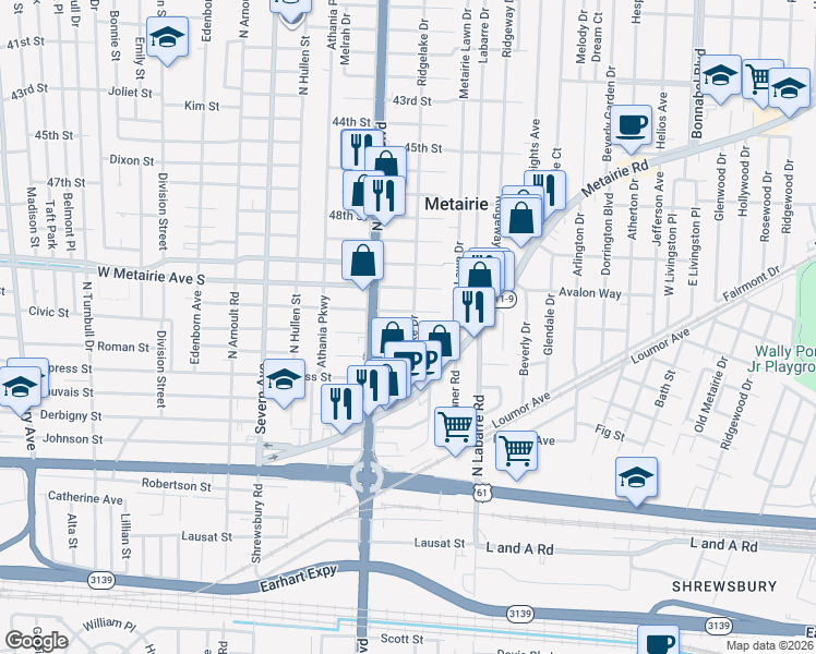 map of restaurants, bars, coffee shops, grocery stores, and more near 501 Ridgelake Drive in Metairie