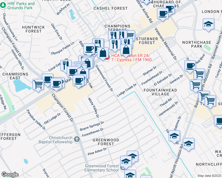 map of restaurants, bars, coffee shops, grocery stores, and more near 12911 Greenwood Forest Drive in Houston
