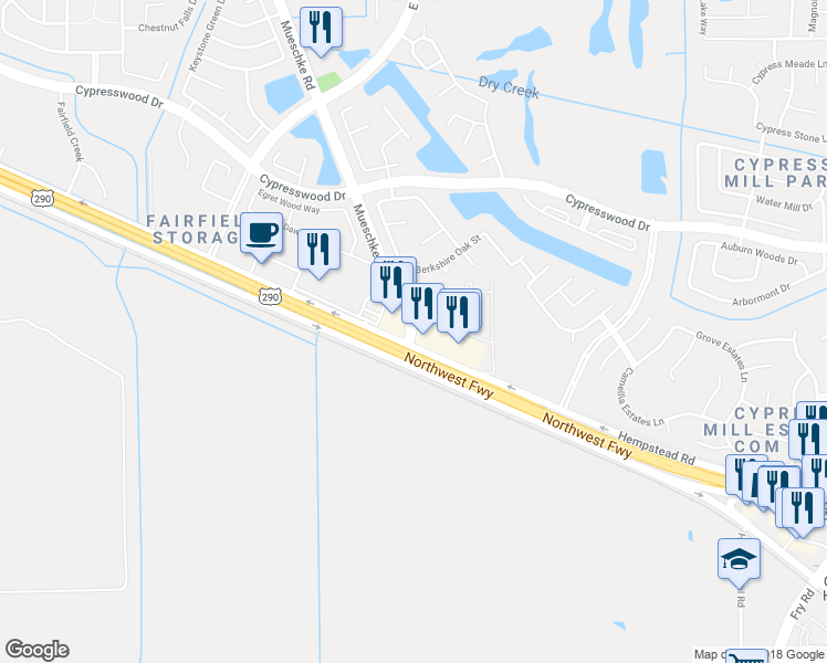 map of restaurants, bars, coffee shops, grocery stores, and more near 14140 Mueschke Road in Cypress