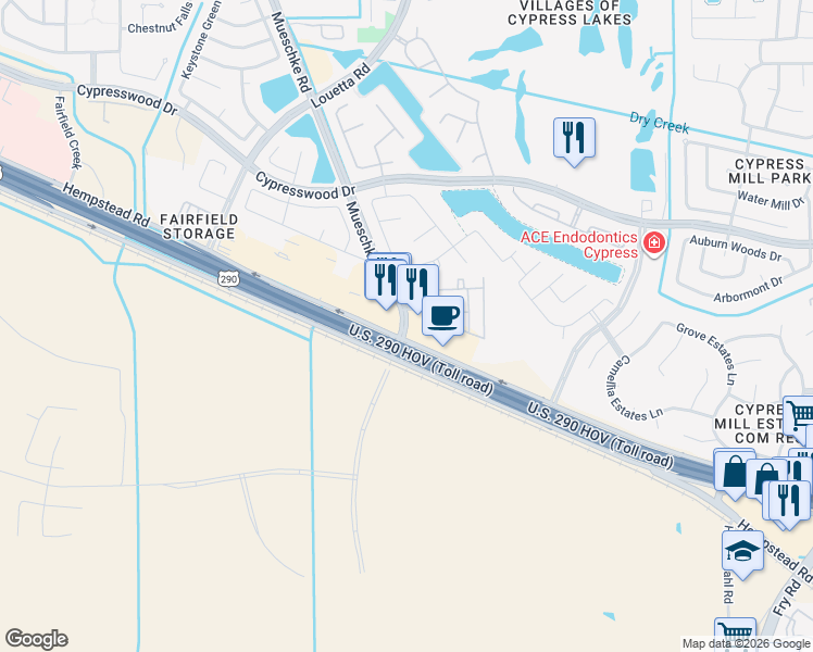 map of restaurants, bars, coffee shops, grocery stores, and more near 14142 Mueschke Road in Cypress