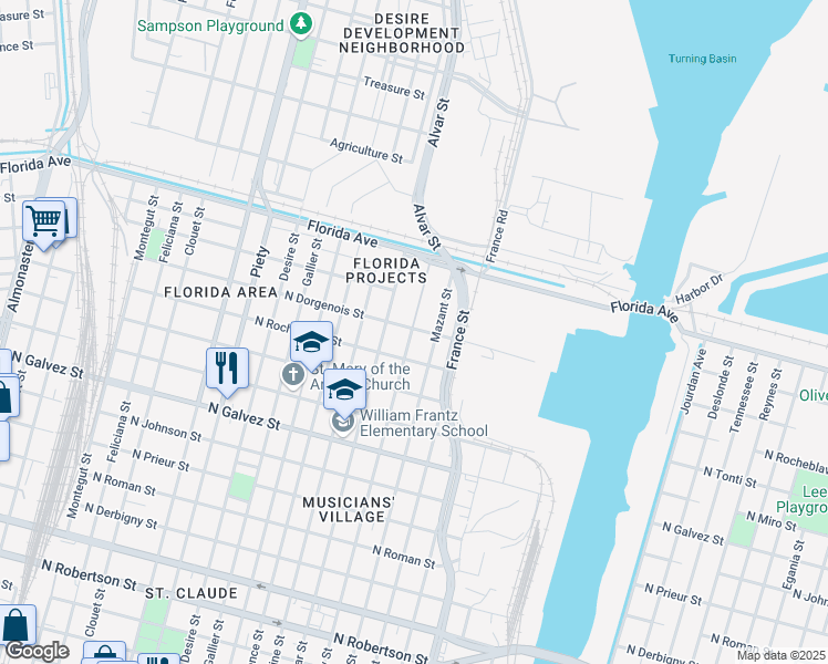 map of restaurants, bars, coffee shops, grocery stores, and more near 2500 Bartholomew Street in New Orleans