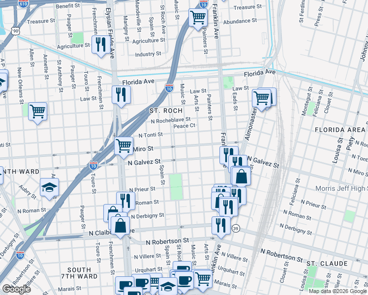 map of restaurants, bars, coffee shops, grocery stores, and more near 2219 Saint Roch Avenue in New Orleans