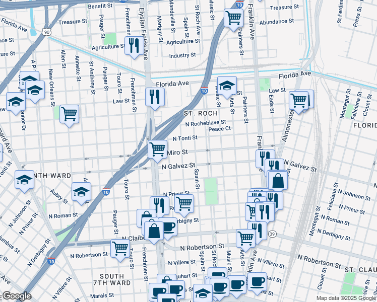 map of restaurants, bars, coffee shops, grocery stores, and more near 2227 Spain Street in New Orleans