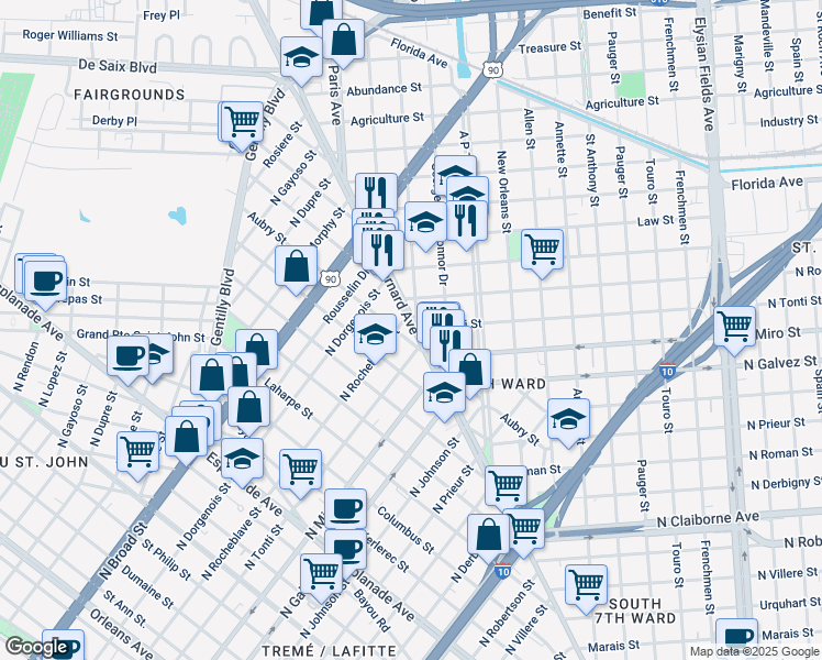 map of restaurants, bars, coffee shops, grocery stores, and more near in New Orleans