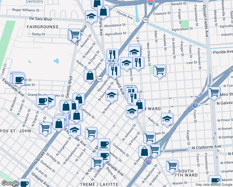 map of restaurants, bars, coffee shops, grocery stores, and more near in New Orleans