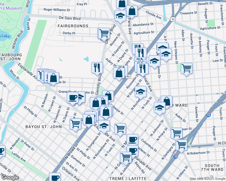 map of restaurants, bars, coffee shops, grocery stores, and more near 2617 Onzaga Street in New Orleans