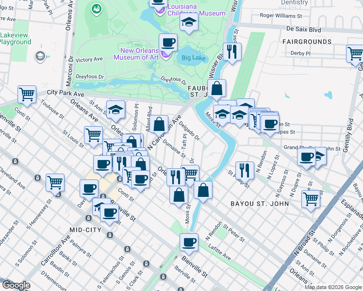 map of restaurants, bars, coffee shops, grocery stores, and more near 960 Taft Place in New Orleans