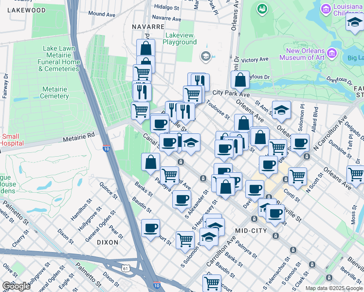 map of restaurants, bars, coffee shops, grocery stores, and more near 218 North Bernadotte Street in New Orleans
