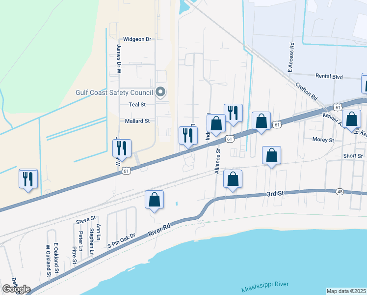map of restaurants, bars, coffee shops, grocery stores, and more near 899 Dixieland Drive in Kenner