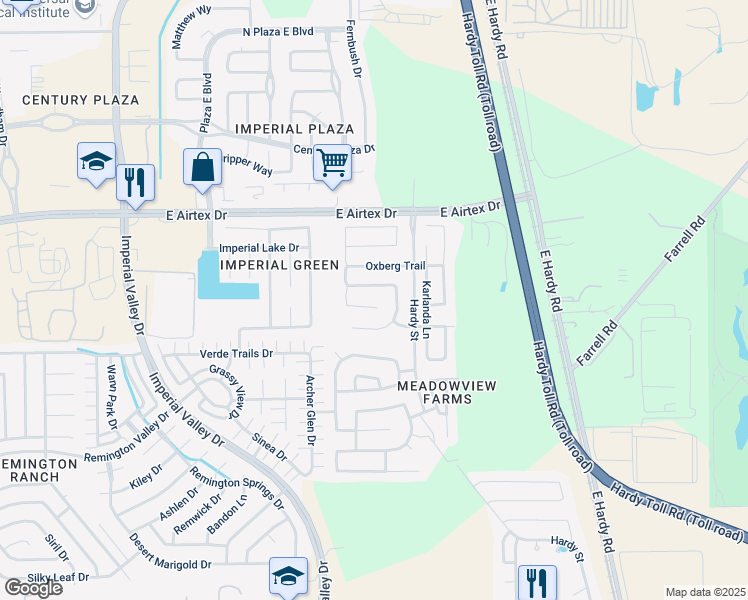 map of restaurants, bars, coffee shops, grocery stores, and more near 1423 Hallcroft Lane in Houston