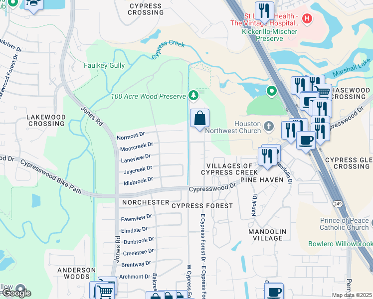 map of restaurants, bars, coffee shops, grocery stores, and more near 10511 Moorcreek Drive in Houston
