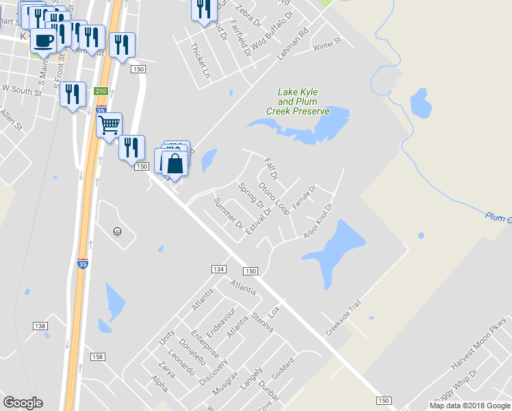 map of restaurants, bars, coffee shops, grocery stores, and more near 287 Spring Drive in Kyle