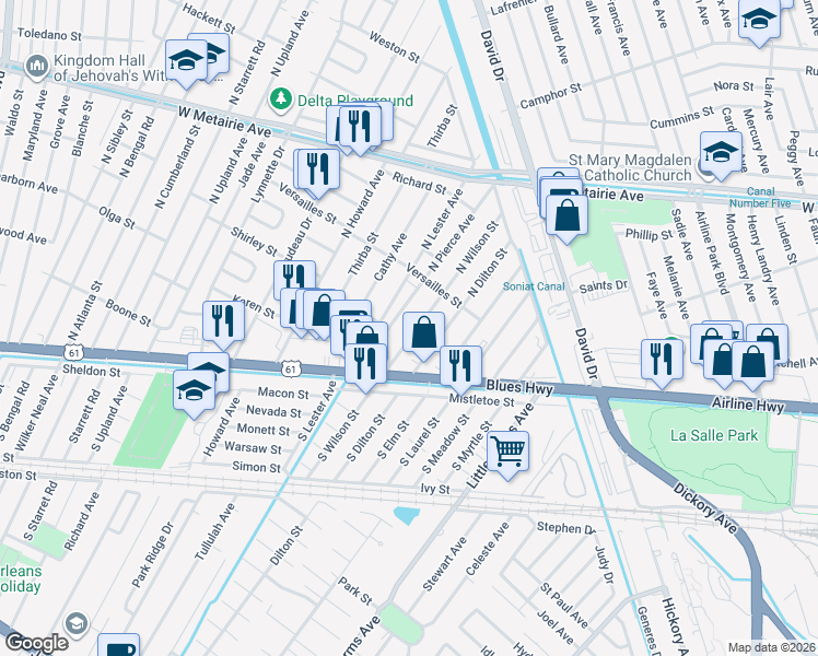 map of restaurants, bars, coffee shops, grocery stores, and more near 907 South Cumberland Street in Metairie