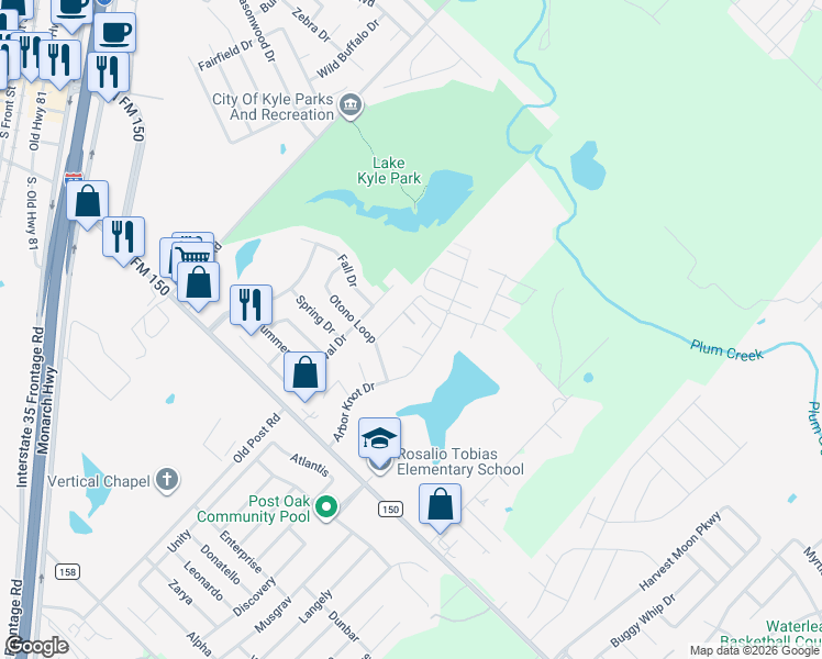 map of restaurants, bars, coffee shops, grocery stores, and more near 109 Dropper in Kyle