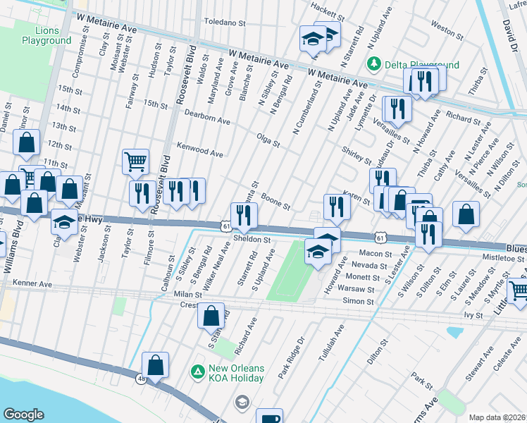 map of restaurants, bars, coffee shops, grocery stores, and more near 8501 Boone Street in Metairie