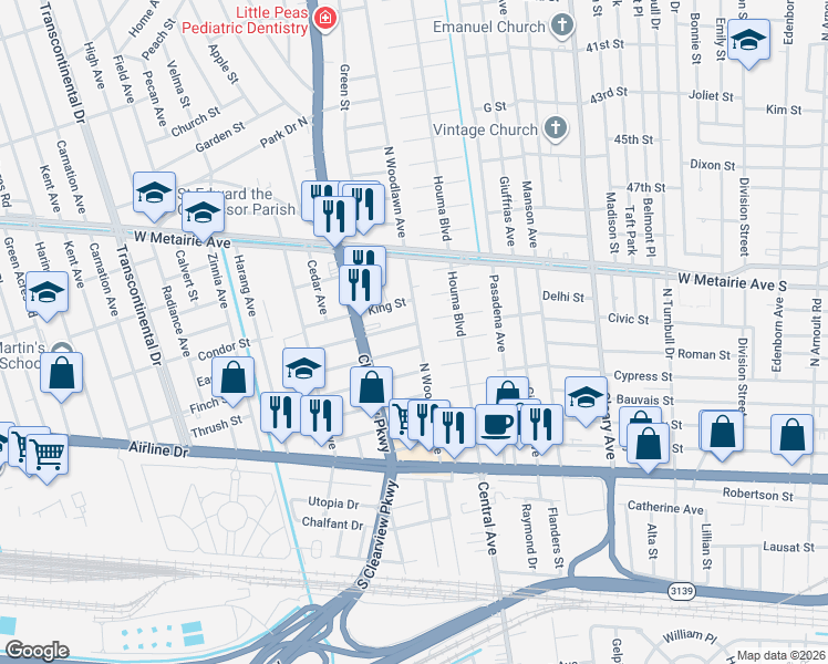 map of restaurants, bars, coffee shops, grocery stores, and more near 705 North Woodlawn Avenue in Metairie
