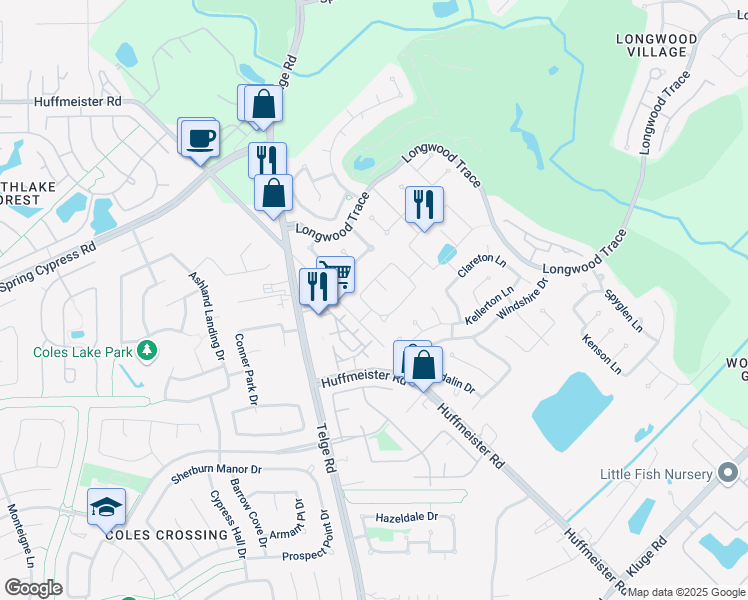 map of restaurants, bars, coffee shops, grocery stores, and more near 13914 Oakdale Glen Trace in Cypress