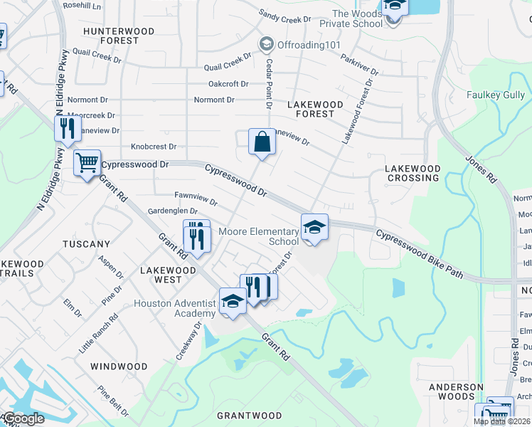 map of restaurants, bars, coffee shops, grocery stores, and more near 11800 Glenway Drive in Houston