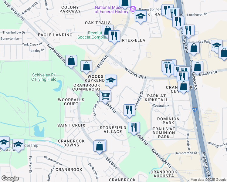 map of restaurants, bars, coffee shops, grocery stores, and more near 2200 Wittershaw Drive in Houston