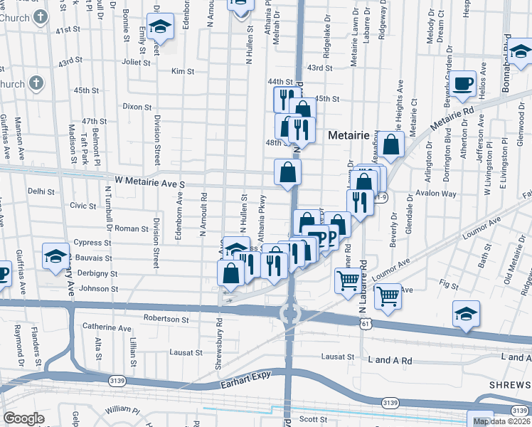 map of restaurants, bars, coffee shops, grocery stores, and more near 3232 Bore Street in Metairie