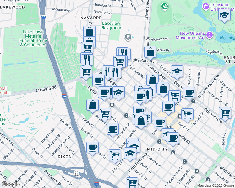 map of restaurants, bars, coffee shops, grocery stores, and more near 218 North Bernadotte Street in New Orleans