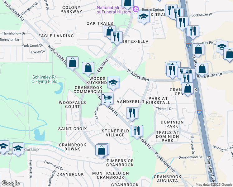 map of restaurants, bars, coffee shops, grocery stores, and more near 2200 Wittershaw Drive in Houston