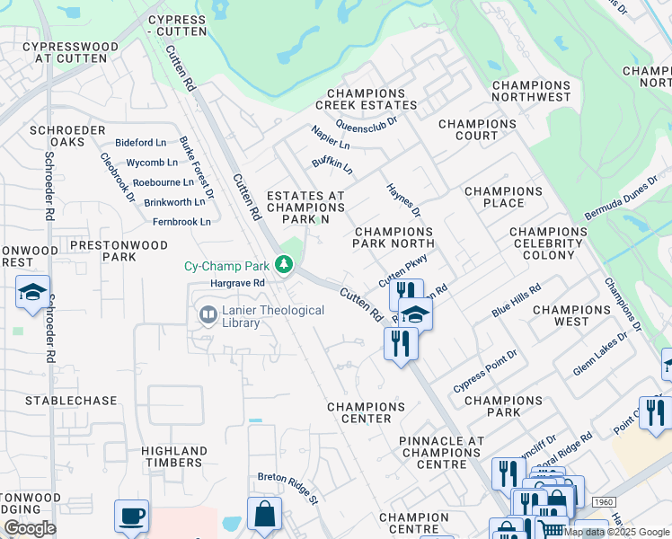 map of restaurants, bars, coffee shops, grocery stores, and more near 7019 Amber Court in Houston