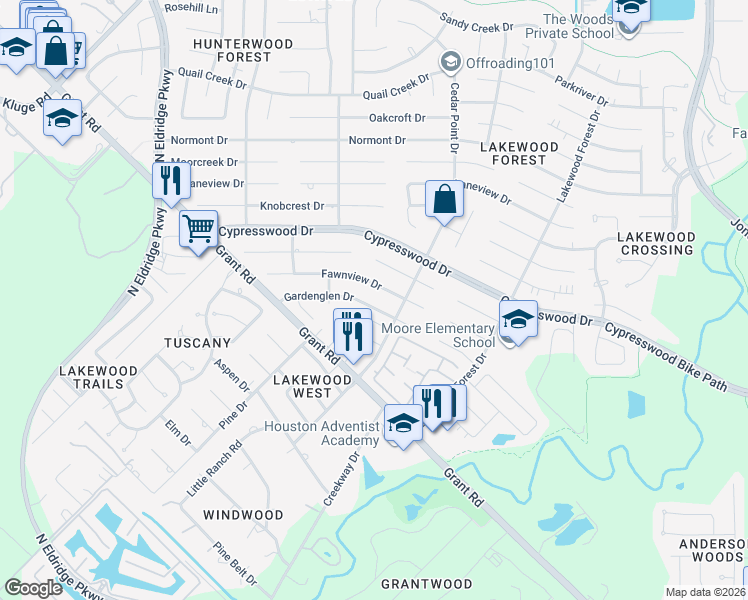 map of restaurants, bars, coffee shops, grocery stores, and more near 11927 Fawnview Drive in Houston