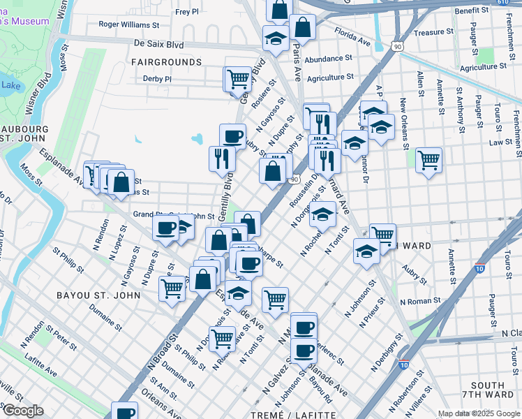 map of restaurants, bars, coffee shops, grocery stores, and more near 2617 Onzaga Street in New Orleans