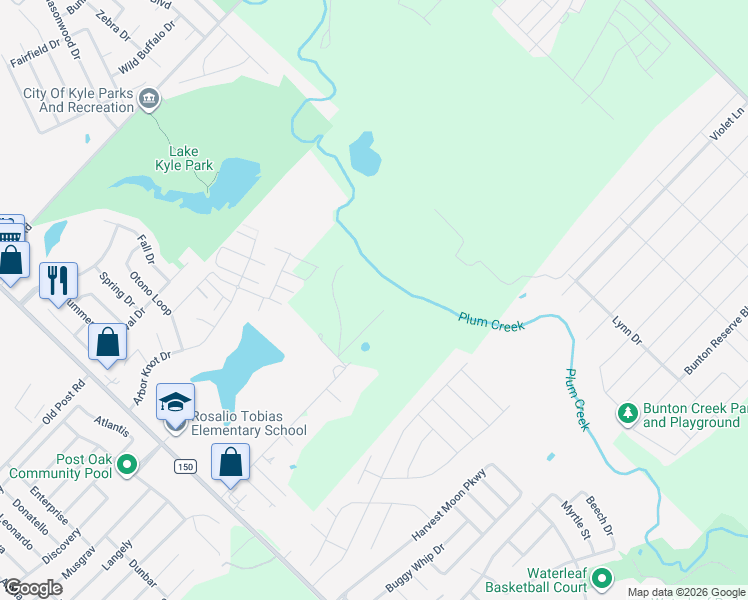 map of restaurants, bars, coffee shops, grocery stores, and more near 599 Creekside Trail in Kyle