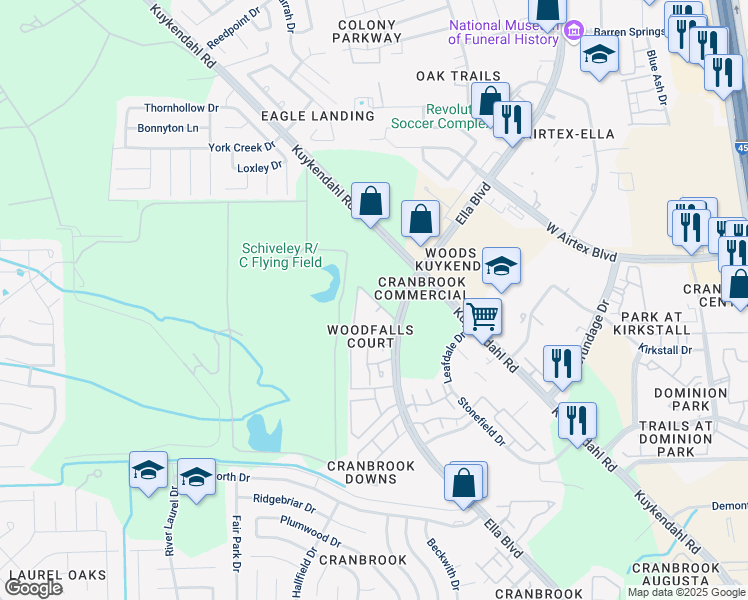 map of restaurants, bars, coffee shops, grocery stores, and more near Woodfall Court in Houston