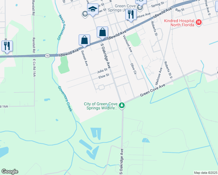 map of restaurants, bars, coffee shops, grocery stores, and more near 611 South Oakridge Avenue in Green Cove Springs